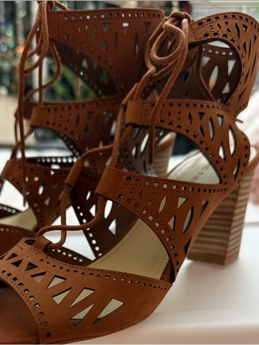 Marc Fisher Cognac Laser-Cut Lace-Up Block Heel Sandals